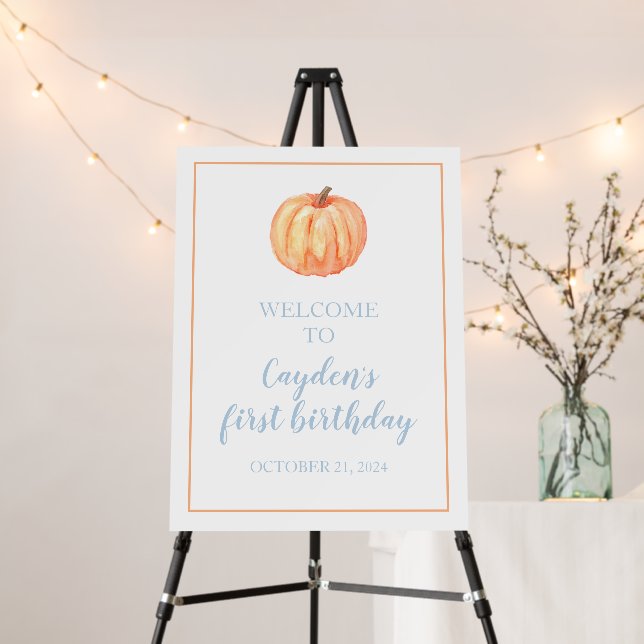 Our little Pumpkin blue First Birthday Welcome  Foam Board (In Situ (Stand))