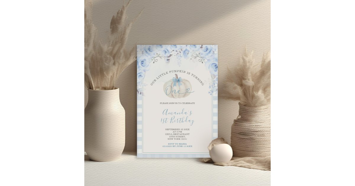 Our Little Pumpkin Blue Gingham White 1st Birthday Invitation | Zazzle
