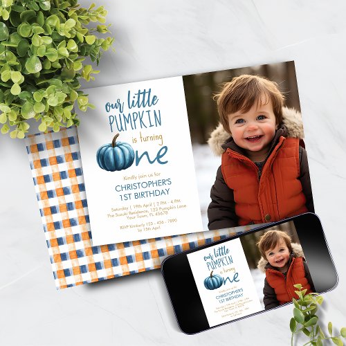 Our Little Pumpkin Blue Plaid 1st Birthday  Invitation