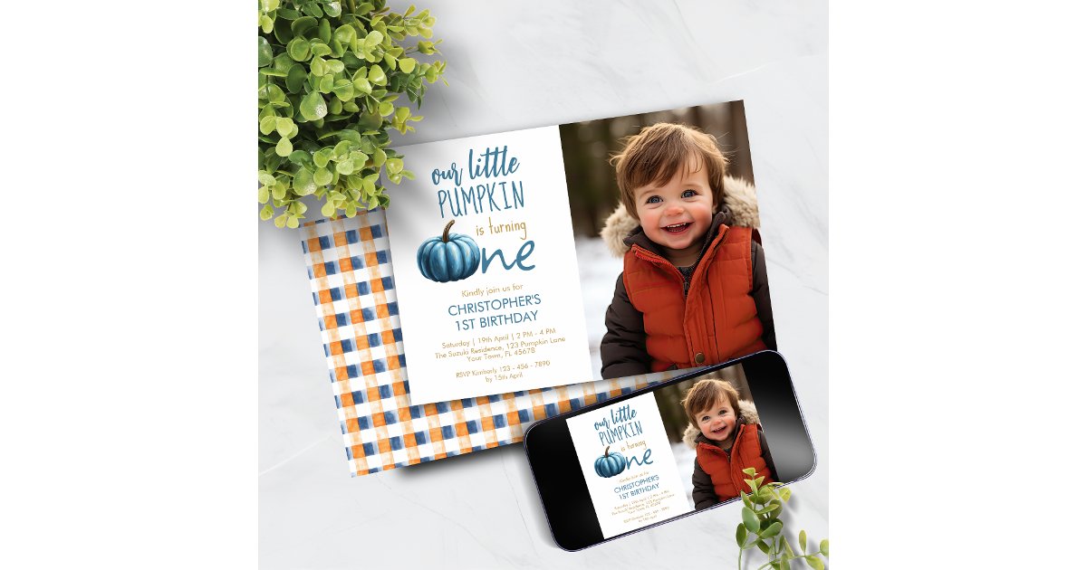 Our Little Pumpkin Blue Plaid 1st Birthday Invitation | Zazzle