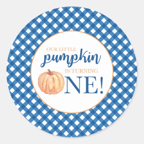 Our Little Pumpkin blue plaid first birthday Classic Round Sticker