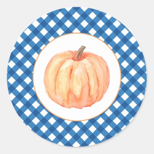 Our Little Pumpkin blue plaid first birthday Classic Round Sticker