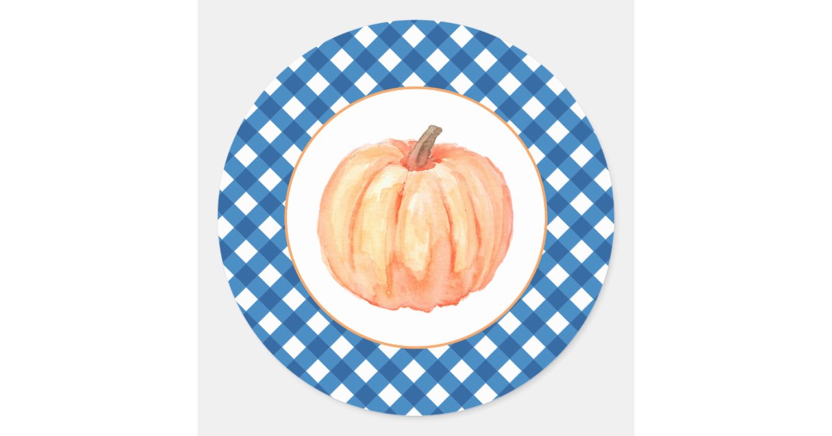 Our Little Pumpkin blue plaid first birthday Classic Round Sticker | Zazzle