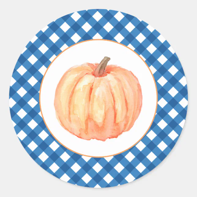 Our Little Pumpkin blue plaid first birthday Classic Round Sticker | Zazzle