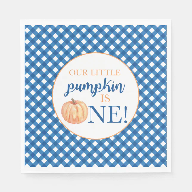 Our Little Pumpkin blue plaid first birthday Napki Napkins | Zazzle