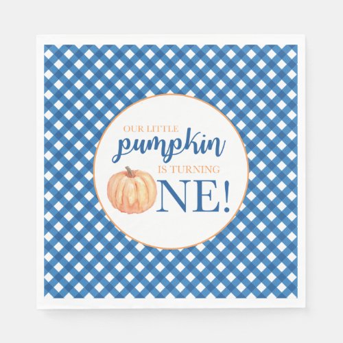 Our Little Pumpkin blue plaid first birthday Napkins