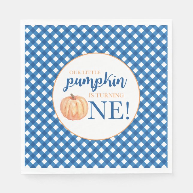 Our Little Pumpkin blue plaid first birthday Napkins (Front)