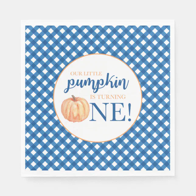 Our Little Pumpkin blue plaid first birthday Napkins | Zazzle