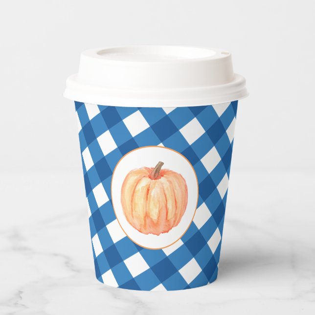 Our Little Pumpkin blue plaid first birthday Paper Cups (Front)