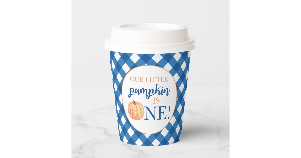 Our Little Pumpkin blue plaid first birthday Paper Cups | Zazzle