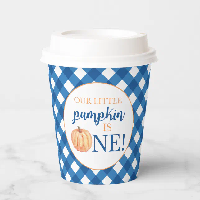 Our Little Pumpkin blue plaid first birthday Paper Cups | Zazzle