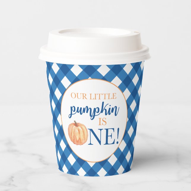 Our Little Pumpkin blue plaid first birthday Paper Paper Cups (Front)