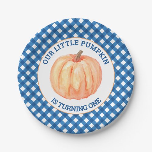 Our Little Pumpkin blue plaid first birthday Paper Plates