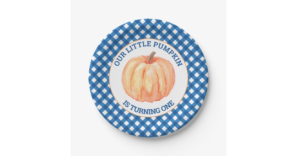 Our Little Pumpkin blue plaid first birthday Paper Plates | Zazzle