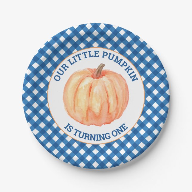 Our Little Pumpkin blue plaid first birthday Paper Plates (Front)