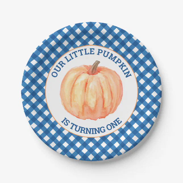 Our Little Pumpkin blue plaid first birthday Paper Plates | Zazzle