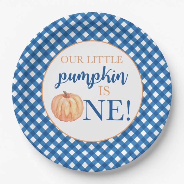 Our Little Pumpkin blue plaid first birthday Paper Plates (Front)