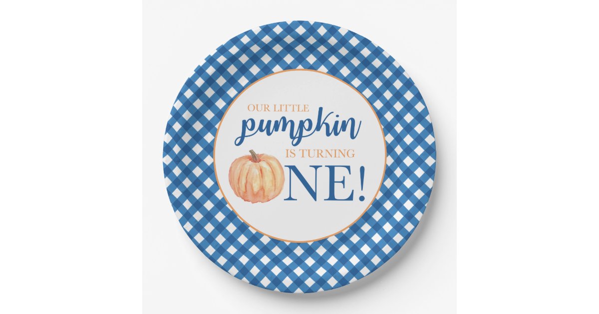 Our Little Pumpkin blue plaid first birthday Paper Plates | Zazzle