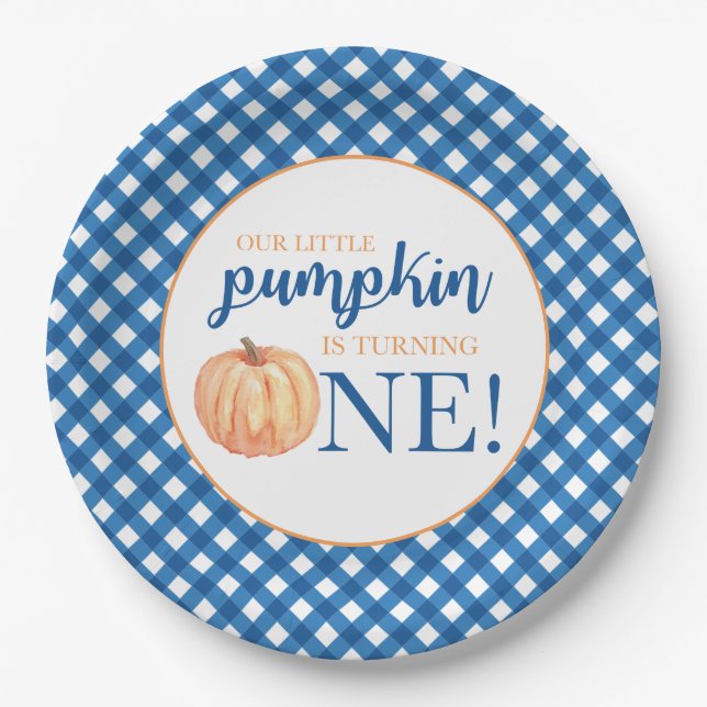 Our Little Pumpkin blue plaid first birthday Paper Plates (Front)
