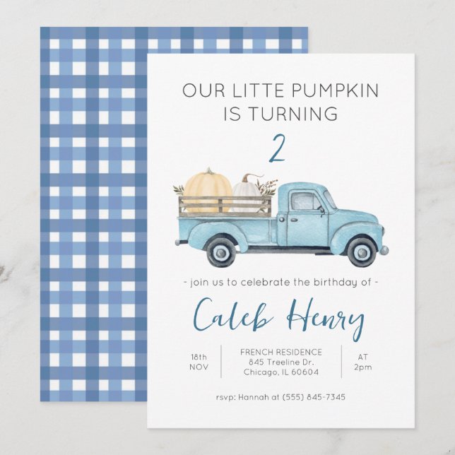 Our Little Pumpkin/Blue Truck Birthday Invitation (Front/Back)