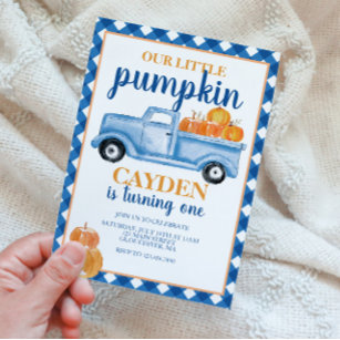 Our Little Pumpkin Blue truck Fall Birthday Invitation