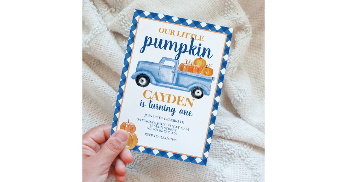 Our Little Pumpkin Blue truck Fall Birthday Invitation | Zazzle