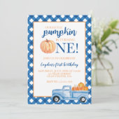 Our Little Pumpkin blue truck fall first birthday Invitation (Standing Front)