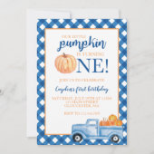 Our Little Pumpkin blue truck fall first birthday Invitation (Front)