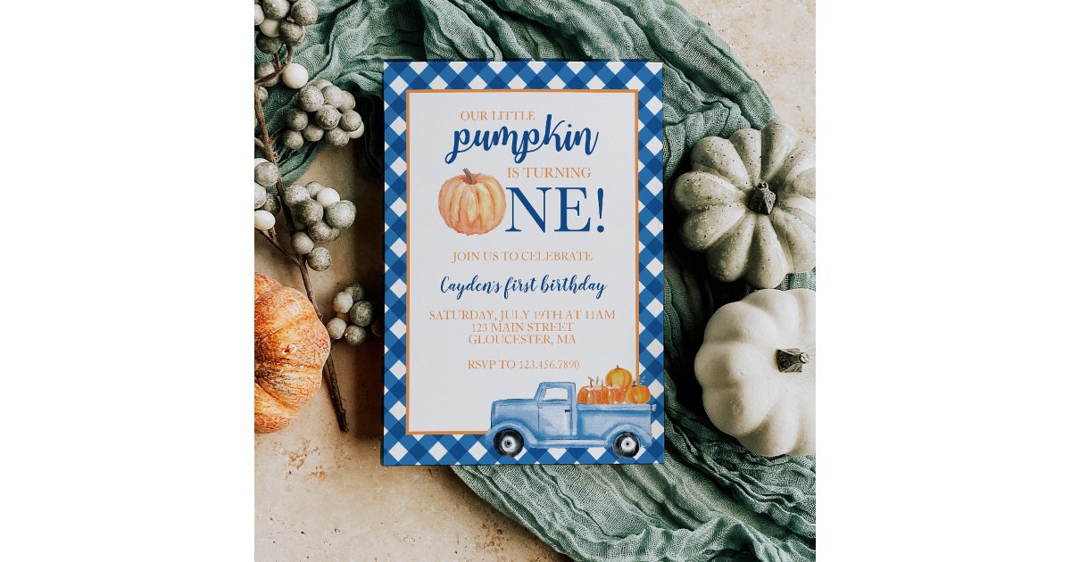 Our Little Pumpkin blue truck fall first birthday Invitation | Zazzle