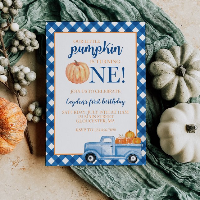 Our Little Pumpkin blue truck fall first birthday Invitation