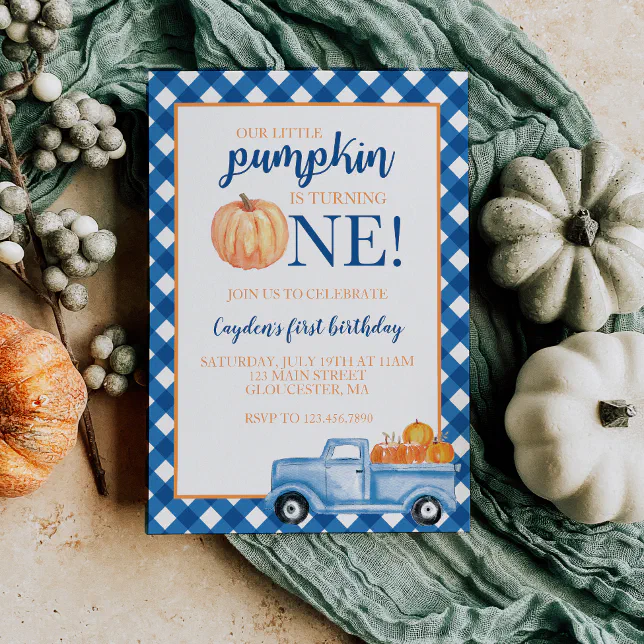 Our Little Pumpkin blue truck fall first birthday Invitation | Zazzle