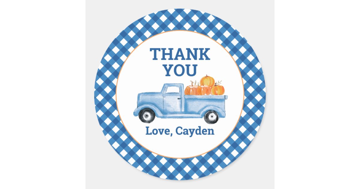 Our Little Pumpkin blue truck first birthday Favor Classic Round ...