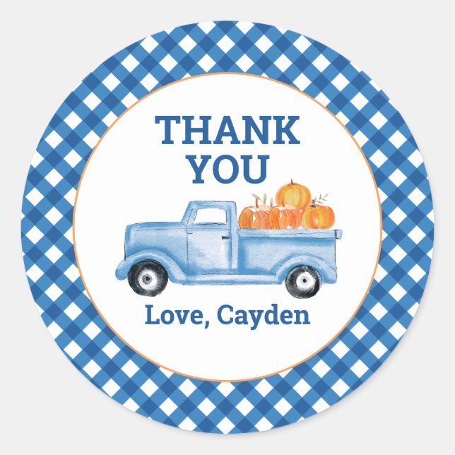 Our Little Pumpkin blue truck first birthday Favor Classic Round Sticker (Front)