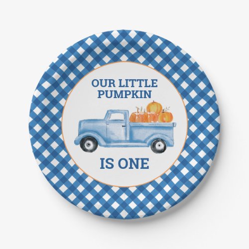 Our Little Pumpkin blue truck first birthday Paper Plates