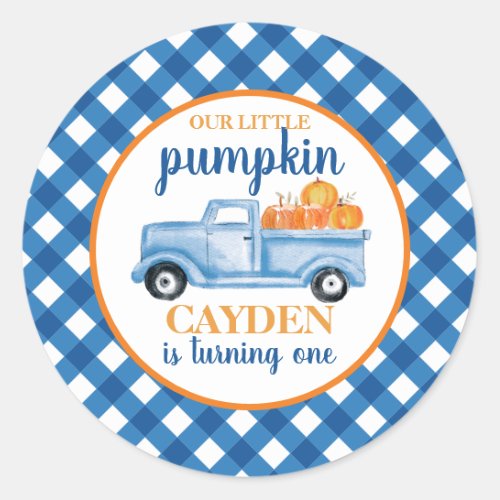 Our Little Pumpkin blue truck plaid 1st birthday Classic Round Sticker