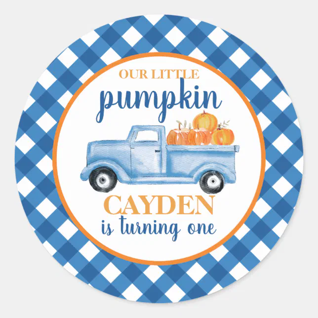 Our Little Pumpkin blue truck plaid 1st birthday Classic Round Sticker ...