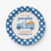Our Little Pumpkin blue truck plaid 1st birthday