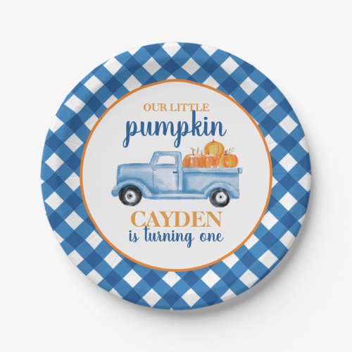 Our Little Pumpkin blue truck plaid 1st birthday Paper Plates
