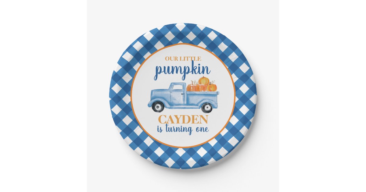 Our Little Pumpkin blue truck plaid 1st birthday Paper Plates | Zazzle