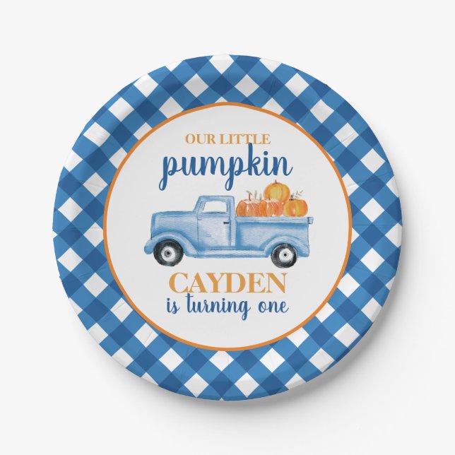 Our Little Pumpkin blue truck plaid 1st birthday Paper Plates (Front)