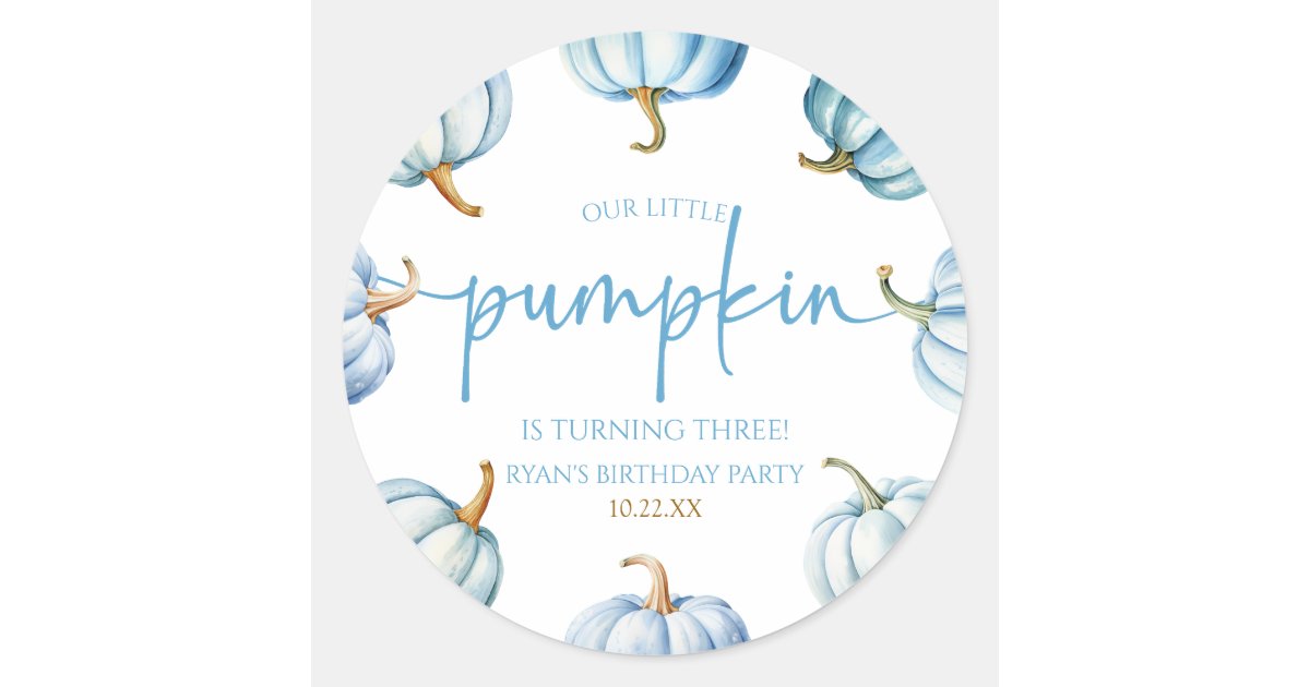 Our Little Pumpkin Blue White Fall Birthday Party Classic Round Sticker ...