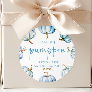 Our Little Pumpkin Blue White Fall Birthday Party Classic Round Sticker