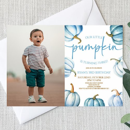 Our Little Pumpkin Blue White Fall Birthday Party Invitation