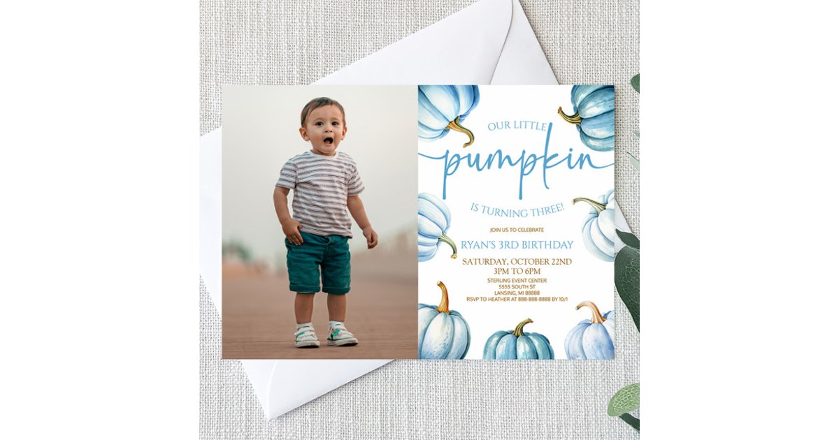 Our Little Pumpkin Blue White Fall Birthday Party Invitation | Zazzle