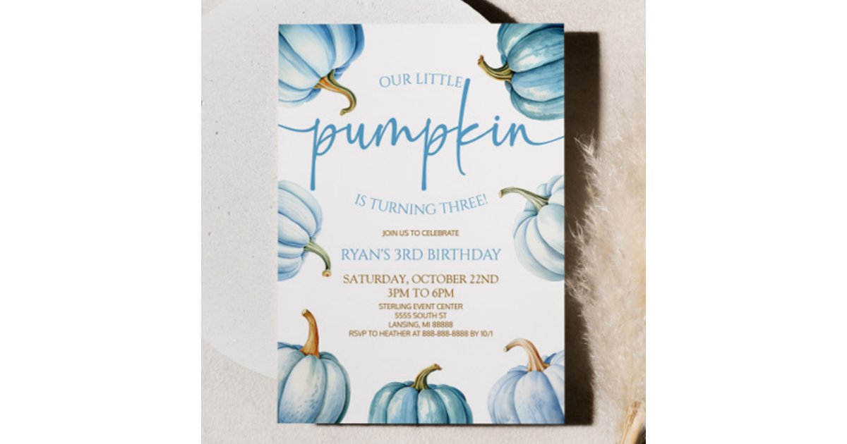 Our Little Pumpkin Blue White Fall Birthday Party Invitation | Zazzle
