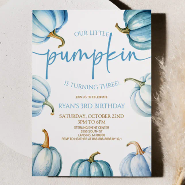 Our Little Pumpkin Blue White Fall Birthday Party Invitation | Zazzle