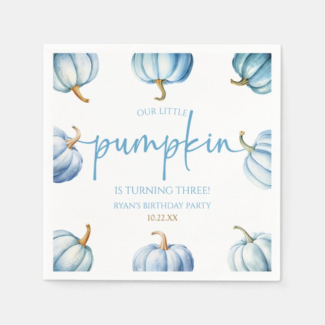 Our Little Pumpkin Blue White Fall Birthday Party Napkins (Front)
