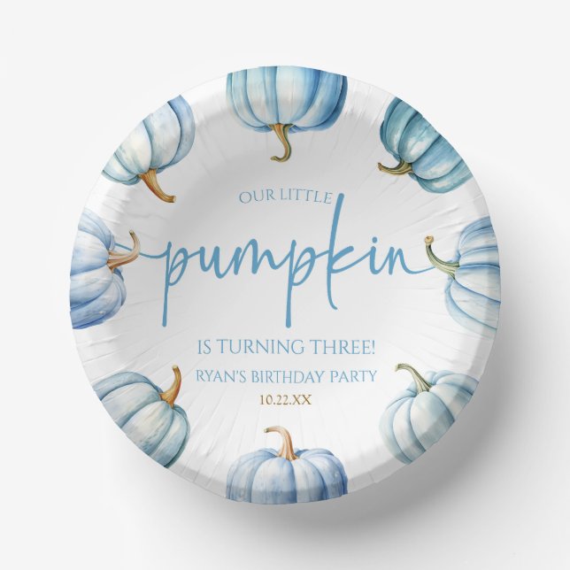 Our Little Pumpkin Blue White Fall Birthday Party Paper Bowls (Front)