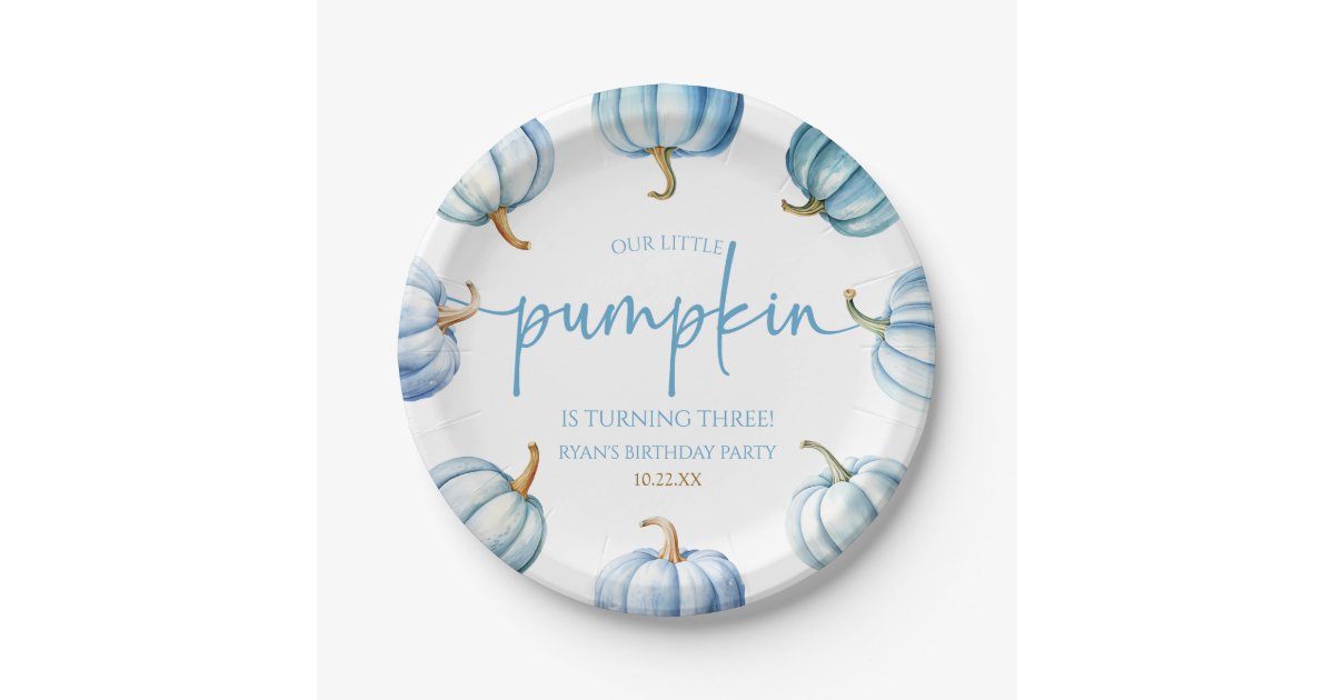 Our Little Pumpkin Blue White Fall Birthday Party Paper Plates | Zazzle
