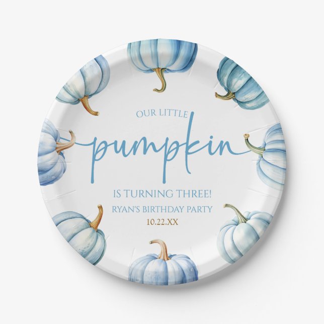Our Little Pumpkin Blue White Fall Birthday Party Paper Plates (Front)